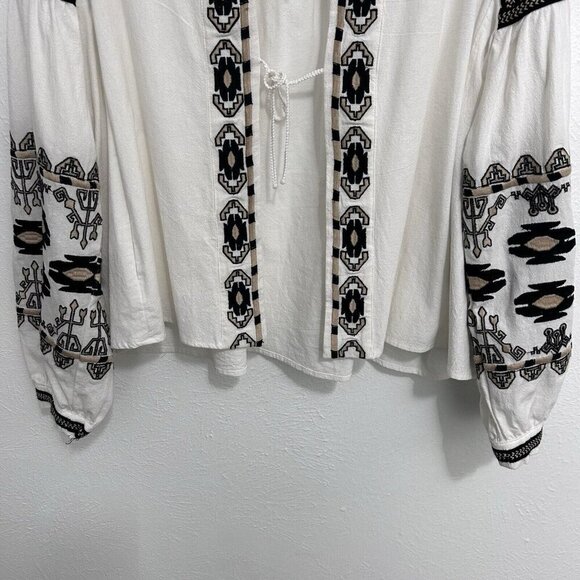 Anthropologie RD + Koko Shirt Jacket Cream Black Tie Front Embroidered Boho Sz M - Picture 3 of 12